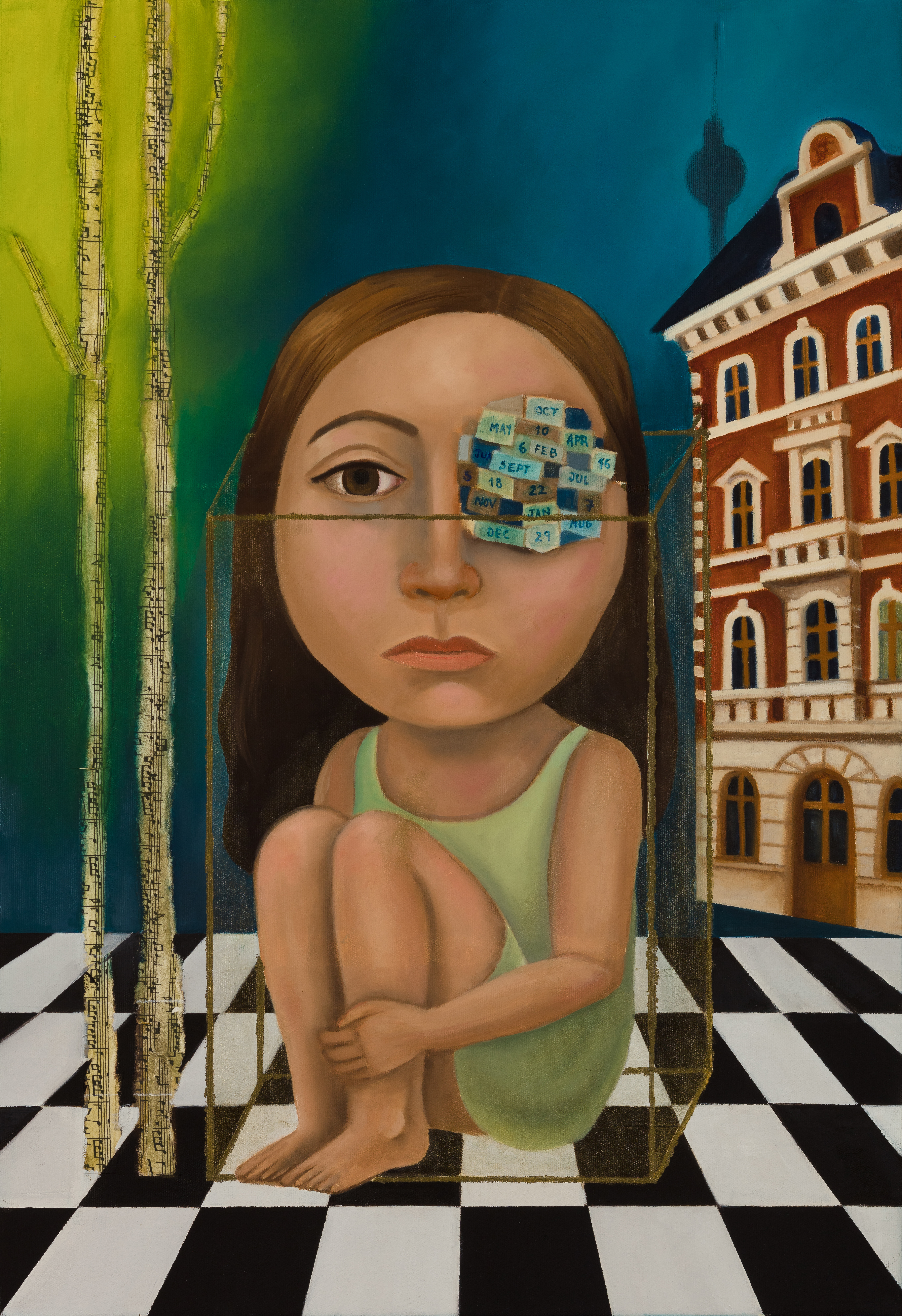 Girl in the Box: a seated girl inside a fine gold outline, with a collage of dates over one eye, strips of musical notation forming trees, and a black-and-white tiled floor.