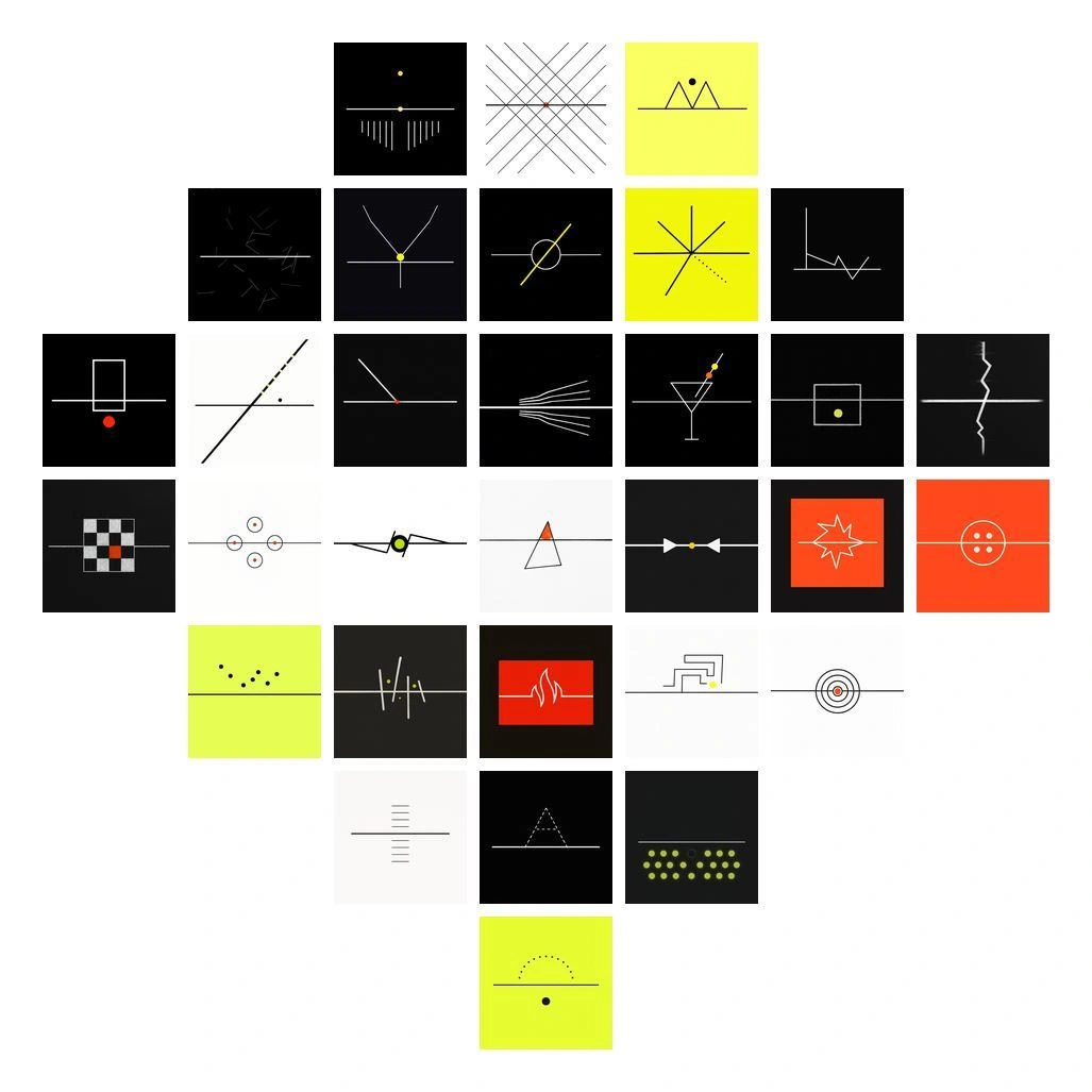 The Thread of Light: 31 black, white, yellow and red drawings in an arrangement that widens through the centre and narrows to a single drawing below.